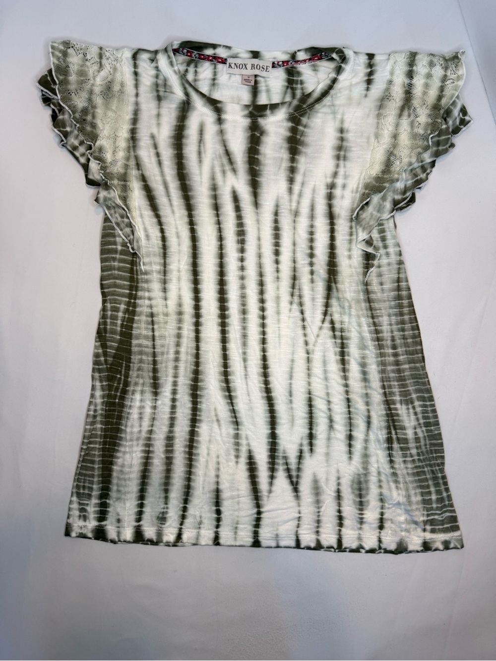 Knox Rose Olive Green and White Tie-Dye Ruffle Sleeve Tee